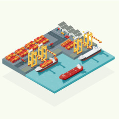 Fototapeta premium Top view cargo logistics and transportation container ship with working crane import export transport industry in shipping yard. isometric illustration vector
