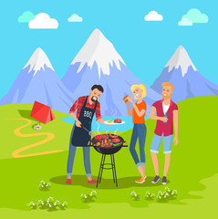 Beautiful Mountain Landscape and Barbecue Party