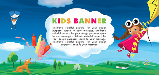 Children's banner. Children's camp, a flight to new adventures, funny vector cartoon, ready for your message. Vector illustration