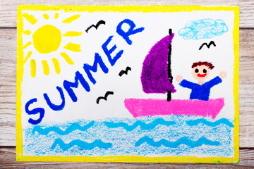 Colorful hand drawing: happy young man is sailing on a yacht. Summer time