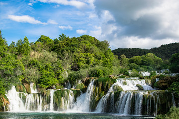 The main waterfalls of the natural park of Krka a strong torrent of water that descends towards the lake. Photograph taken in Sibenik, Croatia.