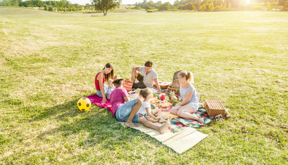 Happy families doing picnic in nature park outdoor