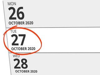 Date Tuesday 27. October 2020 circled in red on a calendar