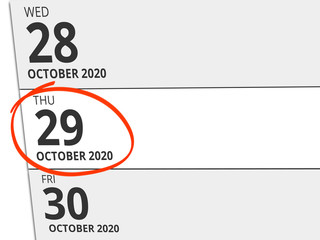 Date Thursday 29. October 2020 circled in red on a calendar