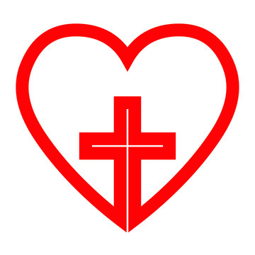 Christian cross in red heart, vector illustration