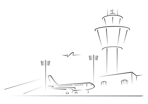 Airport Exterior On Black And White Sketch Illustration