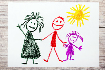 Photo of colorful hand drawing: Happy family. Mother, father and daughter.