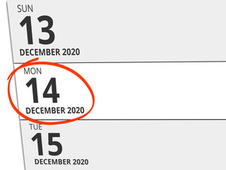 Date Monday 14. December 2020 circled in red on a calendar