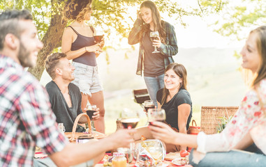 Happy millennials friends cheering with wine and eating at picnic in nature