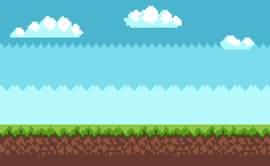 Obraz premium Krajobraz Pixel Art Style Błękitne Niebo, Białe Chmury