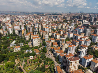 Obraz premium Istanbul, Turkey - February 23, 2018: Aerial Drone View Kadikoy Moda Kurbagalidere with Fenerbahce Stadium Sukru Saracoglu in Istanbul