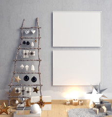 Modern minimalistic Christmas interior, Scandinavian style. 3D illustration. Poster mock up