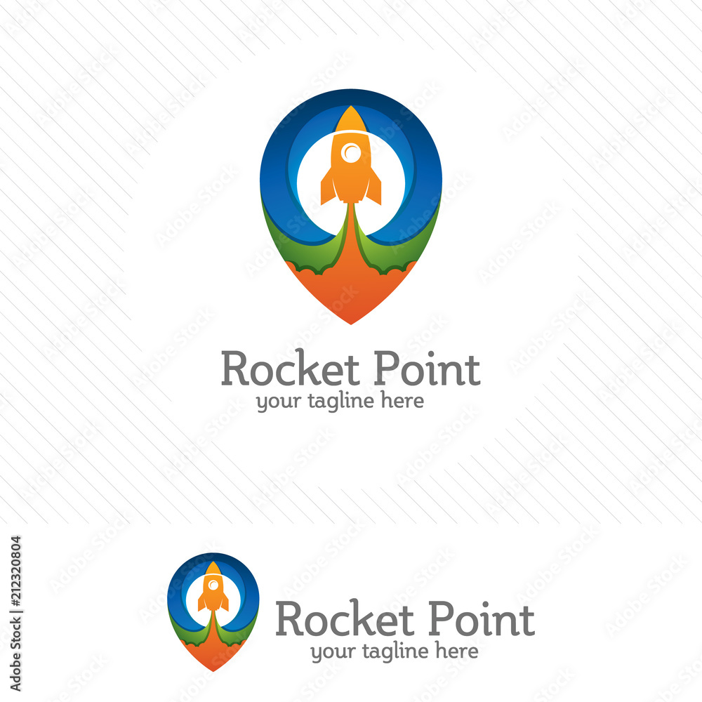 Poster rocket point logo design vector with map pin combination.