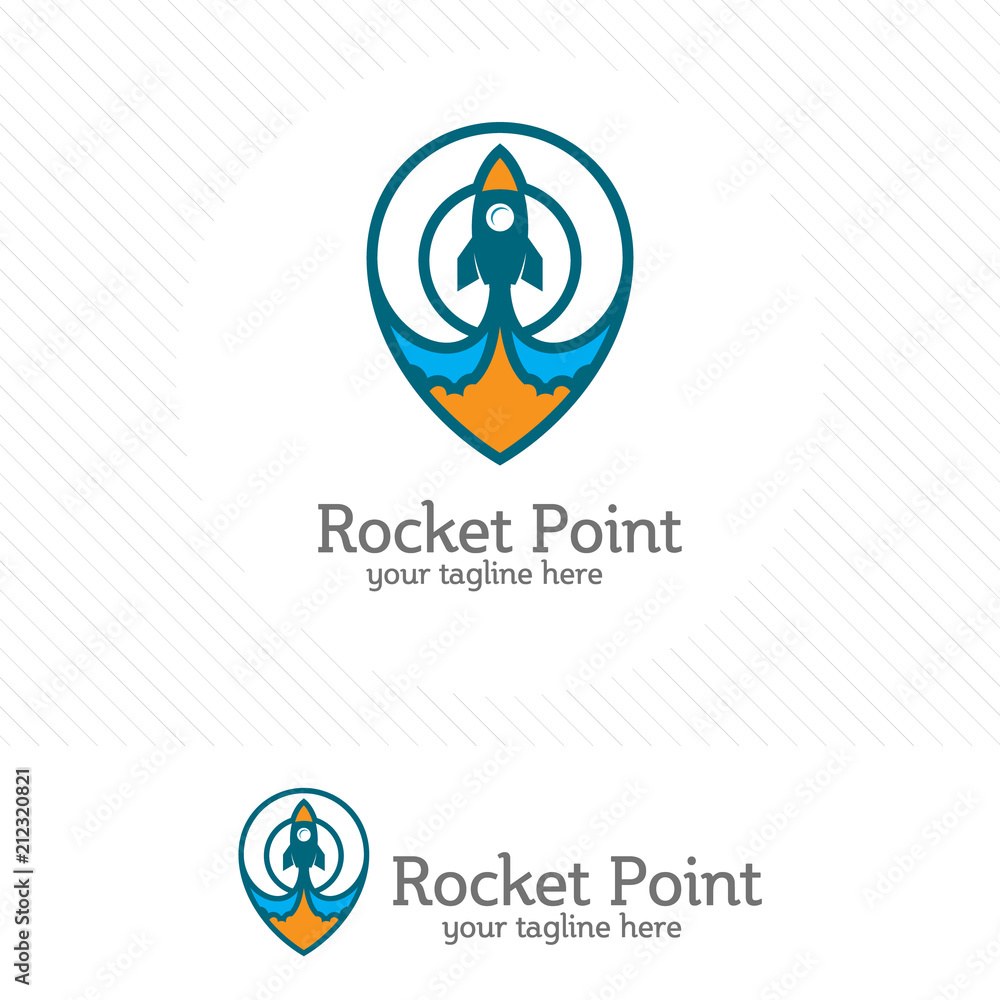 Poster rocket point logo design vector with map pin combination.