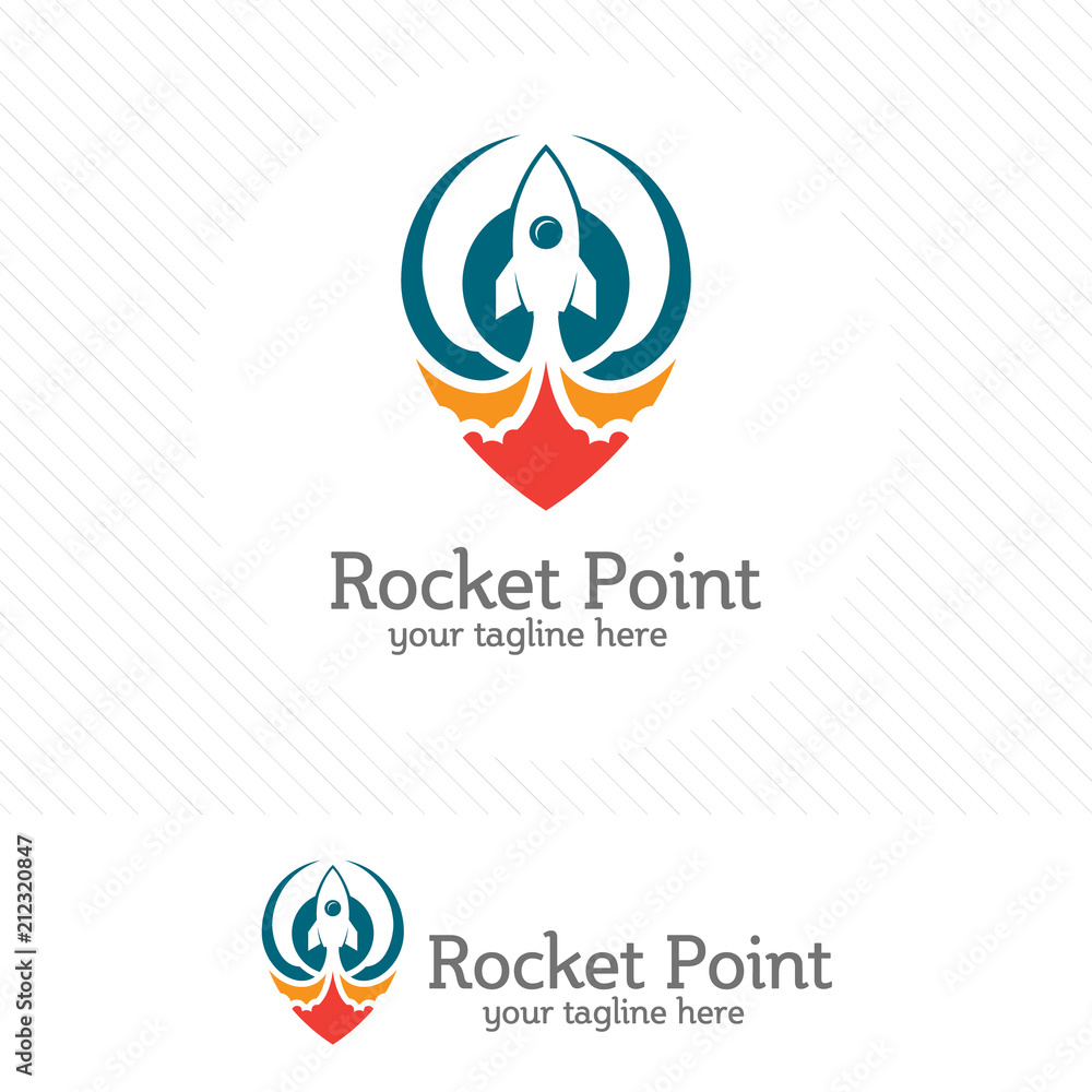 Poster rocket point logo design vector with map pin combination.
