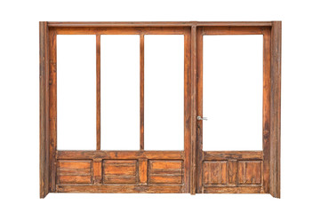 The wooden frame of a store front isolated on white background