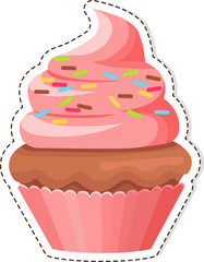 Pink Cupcake with Sprinkles on Cream Flat Vector