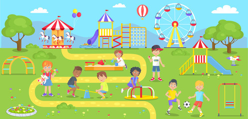 Happy Kids Spend Time on Childrens Playground