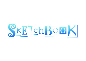  Lettering of Sketchbook with different letters in blue gradient decorated with lines isolated on white background for sketchbook cover, decoration