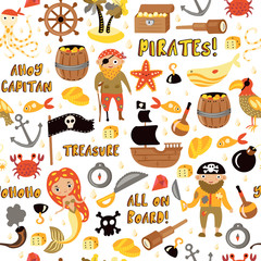 Pirates vector cartoon seamless pattern. Adventures and Pirate party background for Kindergarten. Children Adventure, treasure, pirates, octopus, whale, ship - Kids drawing vector cartoon endless
