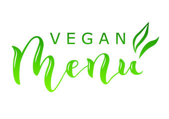 Modern calligraphy lettering of Vegan Menu in green gradient isolated decorated with two green leaves on white background for menu card decoration, cafe, restaurant