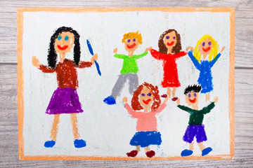 Photo of colorful hand drawing: smiling teacher and her students