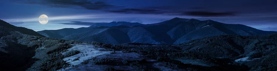 Poster beautiful panorama of mountain ridge at night in full moon light. wonderful landscape in early autumn © Pellinni