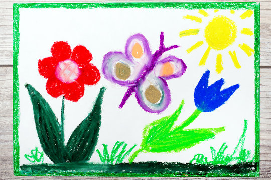 Colorful hand drawing: Springtime, butterfly and cute flowers.
