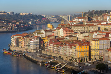 Old city of Porto view from the ponte Dom Luiz bridge at surise, Portugal