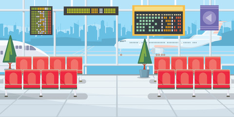 Airport with flight departure boards vector illustration. Modern airport waiting room with rows of chairs and panoramic windows. Interior illustration