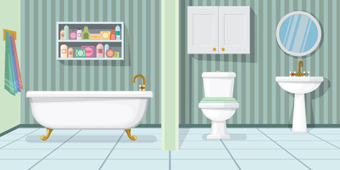 Fototapeta na wymiar Fashionable bathroom vector illustration. Modern bathtub, toilet and sink in bathroom with stripped wallpaper. Interior illustration