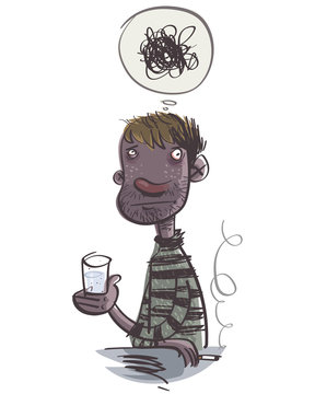 Depressive alcoholic. Comic Character. Vector illustration
