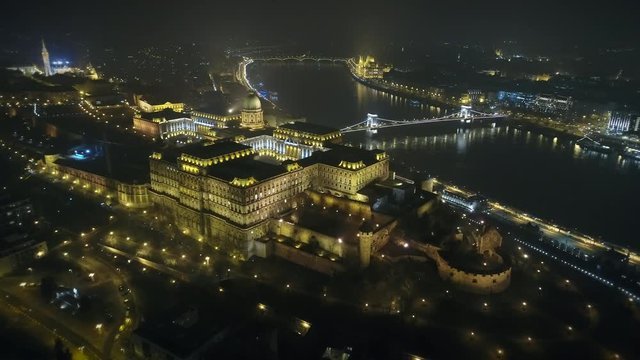 Aerial view of Budapest at night - Buda castle and Chain bridge