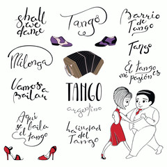 Set of hand written tango quotes, design elements, tr. from Spanish Lets dance, Tango is danced here, city, district, is my passion. Vector illustration. Isolated objects on white background. - obrazy, fototapety, plakaty