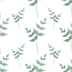 Seamless floral pattern. Repeating texture of pale green twigs on white background. Perfect for printing