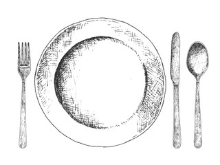 Hand drawn dish, spoon, fork and knife.