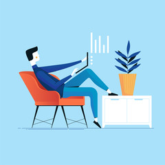 Businessman with laptop working successfully in a chair next to the cupboard and plant. Vector conceptual illustration