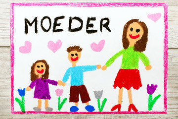 Obraz na płótnie Canvas Colorful drawing - Dutch Mother's Day card with word: Mother