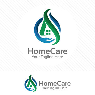 Home care logo, property and real estate concept with hand symbol.