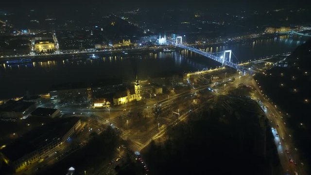 Aerial view of Budapest at night - Elizabeth bridge and traffic