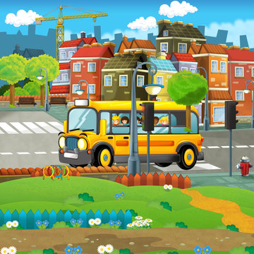 cartoon scene with kids in the school bus - trip in the city - illustration for children