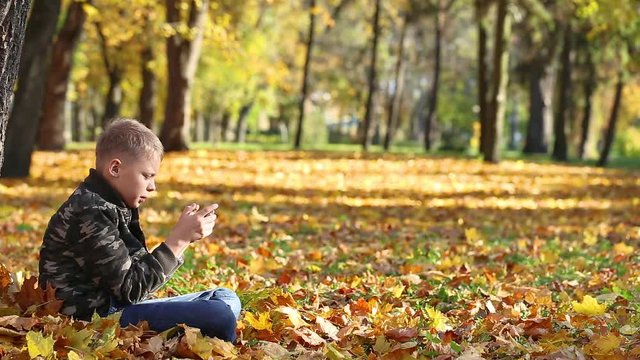 Profile portrait of white kid of 10 years sitting in golden autumn park on ground and using his smart phone. Real time full hd video footage.