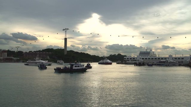 Funicular over the river with ships