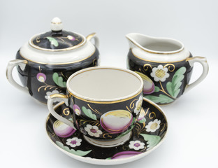 tea, cups, saucers, dishes, ceramics, glass, drawing, beautiful, thrush, sugar bowl,