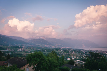 Blick auf Vevey Alpen Panorama Montreux Riviera Schweiz Wunderschöne Landschaft