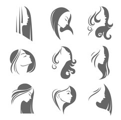 Girls portrait - vector silhouette icon, monochrome