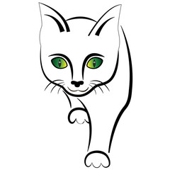 The simple execution of a cat with green eyes isolated on a white background.