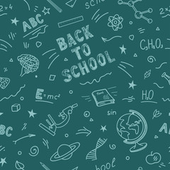 Back to school. Pattern from education doodles on teal background. Vector illustration.