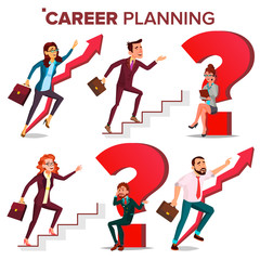 Career Planning Vector. HR Concept. Find New Job. Huge Red Question Mark. Fast Career Growth. Job Success Concept. Stairs. Step By Step. Business Woman, Businessman. Achieve Goal. Cartoon Illustration