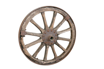 Obraz premium Old wooden wheel, isolated on white background